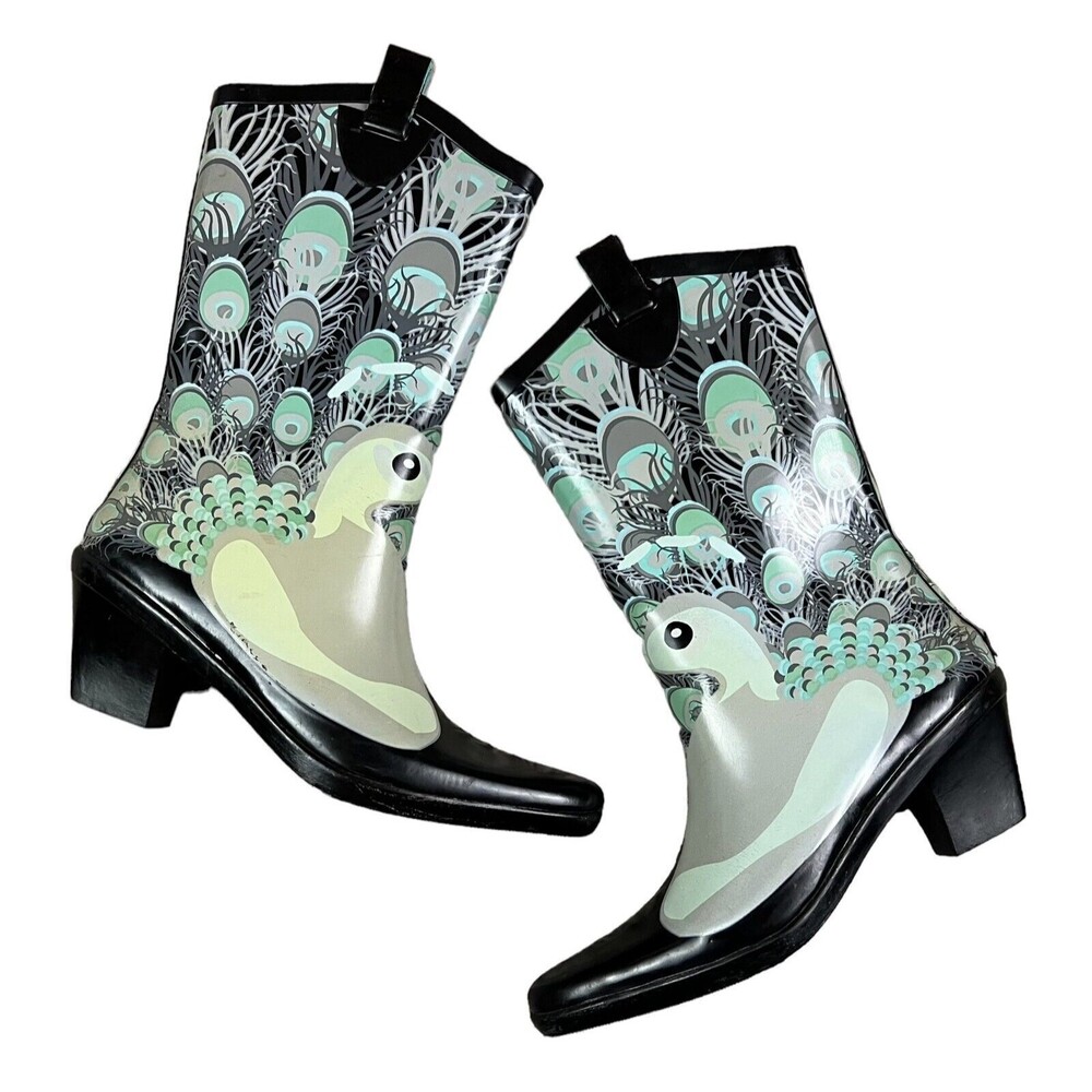 Dav Women's Western Style Waterproof Rubber Boots Rainboots Size 7 Peacock Print